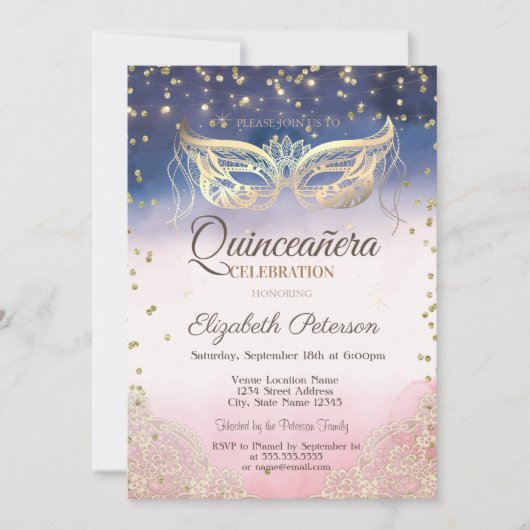 マスカレード、レース、ダイヤモンドグラデーションクインチェニェラ 招待状 (正面)