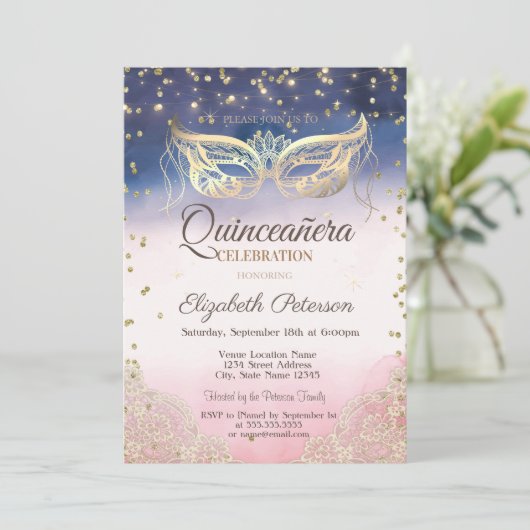 マスカレード、レース、ダイヤモンドグラデーションクインチェニェラ 招待状 (スタンド正面)