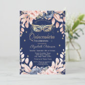 マスカレード，青い花，金ゴールドスターズQuinceanera 招待状 (スタンド正面)
