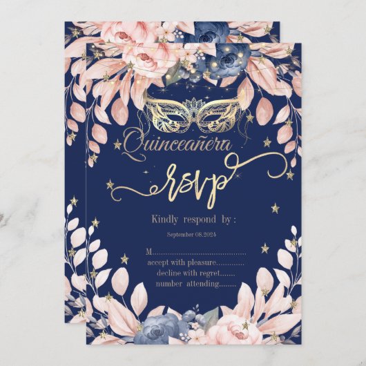 マスカレード,青い花,金ゴールド星RSVP 招待状 (正面/裏面)