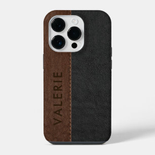 マスキュリン ブラック&ブラウン ビンテージ フェイクレザーケース iPhone 14 PROケース