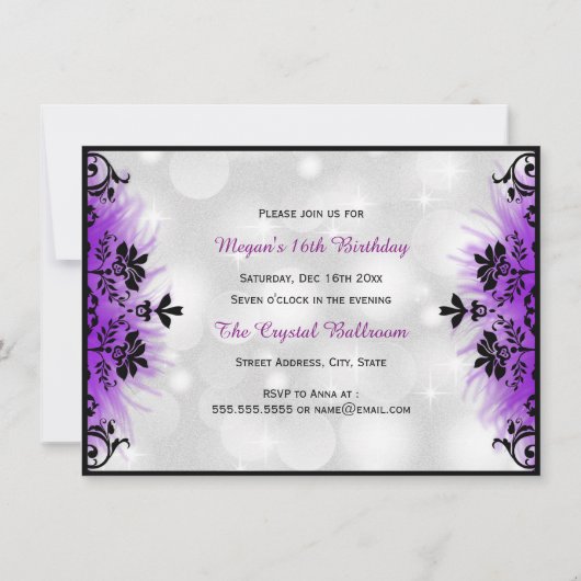 マスクかわいらし&ダマスクパープルマスカレードスウィート16 招待状 (裏面)