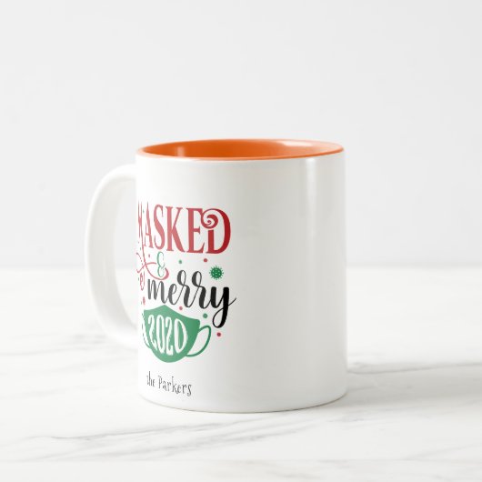 マスクされたメリー2020 |隔離されたクリスマスおもしろい ツートーンマグカップ (正面左)