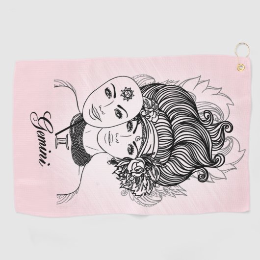 マスクされたレディージェミニ〔占星術の〕十二宮図シンボルとサインピンク ゴルフタオル (横)