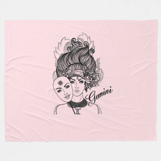 マスクされたレディージェミニ〔占星術の〕十二宮図シンボルとサインピンク フリースブランケット (正面(横))