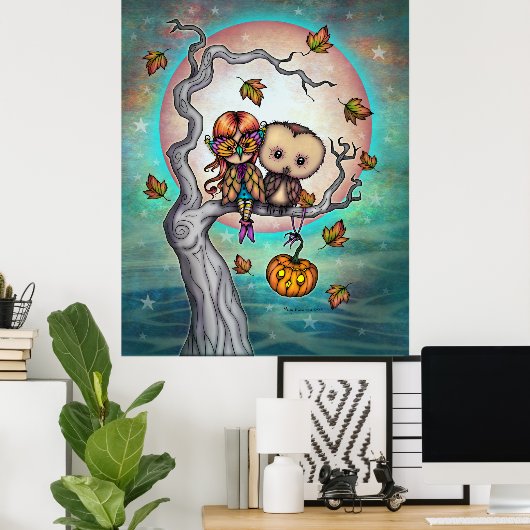 マスクとフクロウの羽のかわいい女の子の鳥 ポスター (ホームオフィス)