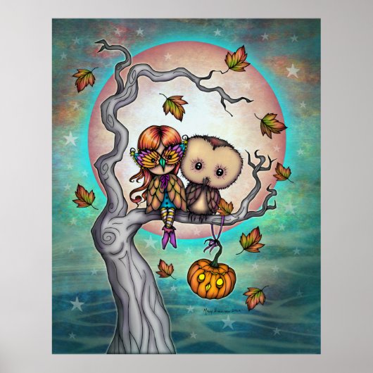 マスクとフクロウの羽のかわいい女の子の鳥 ポスター (正面)