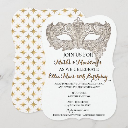 マスクとモクテル ゴールドマスカレード バースデー 招待状 (正面/裏面)