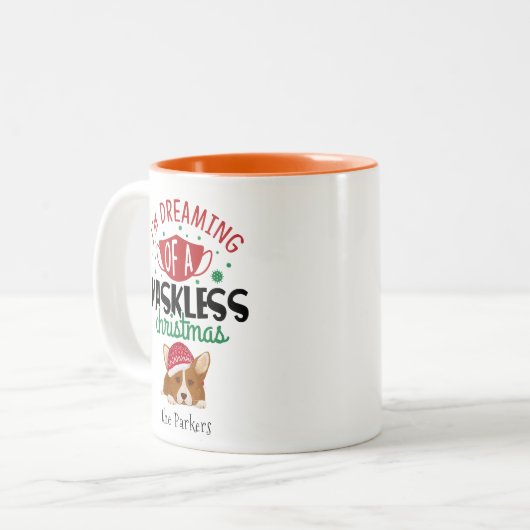 マスクなしのクリスマスのコーギ夢 |おもしろい | ツートーンマグカップ (正面左)