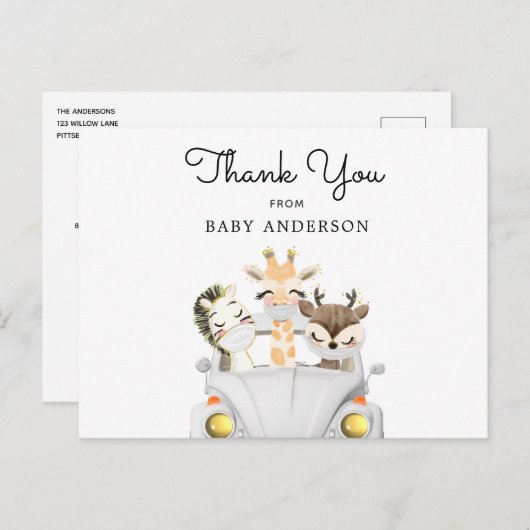 マスクに入った動物が赤ちゃんシャワーでドライブありがとう ポストカード (正面/裏面)