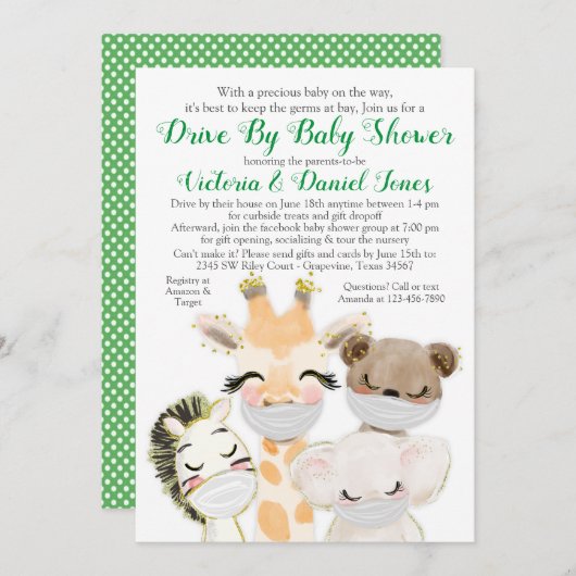 マスクに入った赤ん坊の動物がコビデの赤ちゃんシャワーでドライブ 招待状 (正面/裏面)