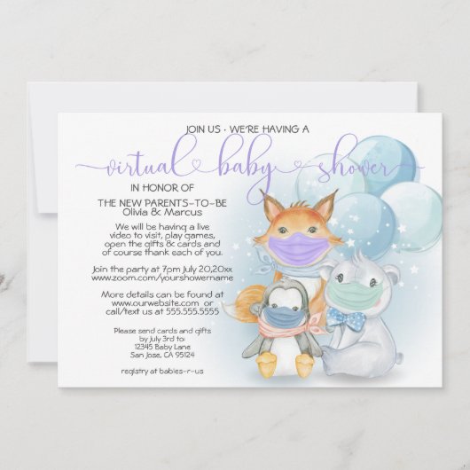 マスクに青い北極動物バーチャル赤ちゃんシャワー 招待状 (正面)