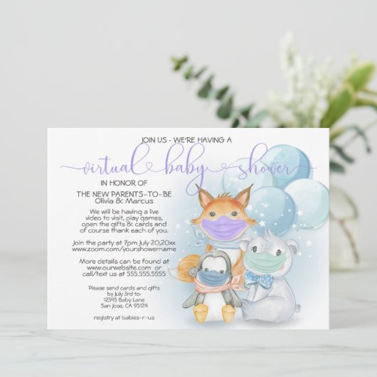 マスクに青い北極動物バーチャル赤ちゃんシャワー 招待状 (スタンド正面)