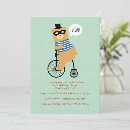 マスクのハロウィンの招待状を持つ自転車に乗るくま 招待状 (スタンド正面)