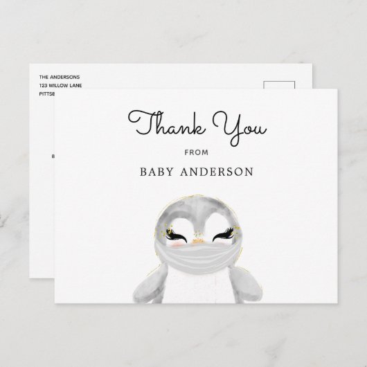 マスクのペンギン 赤ちゃんのお祝い サンクスカード ポストカード (正面/裏面)