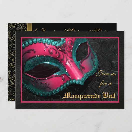 マスクの仮面舞踏会のハロウィンのピンクの招待状 招待状 (正面/裏面)