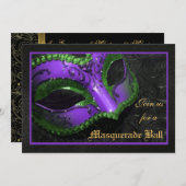 マスクの仮面舞踏会のハロウィンの紫色の招待状 招待状 (正面/裏面)