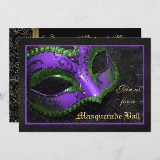 マスクの仮面舞踏会のハロウィンの紫色の招待状 招待状 (正面/裏面)