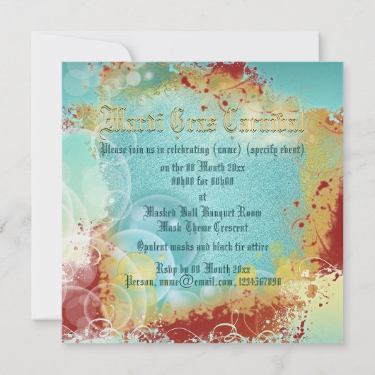 マスクの仮面舞踏会のベニス風の謝肉祭のパーティー 招待状 (裏面)