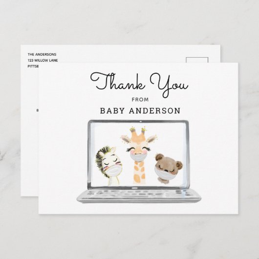 マスクの動物バーチャルベビーシャワーありがとう ポストカード (正面/裏面)