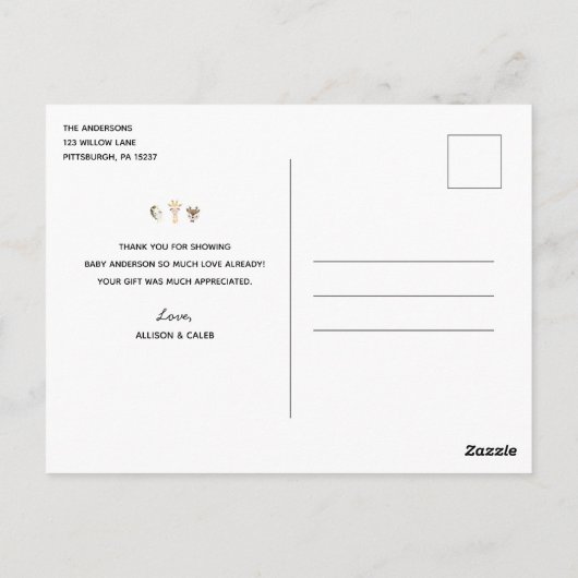 マスクの動物バーチャルベビーシャワーありがとう ポストカード (裏面)