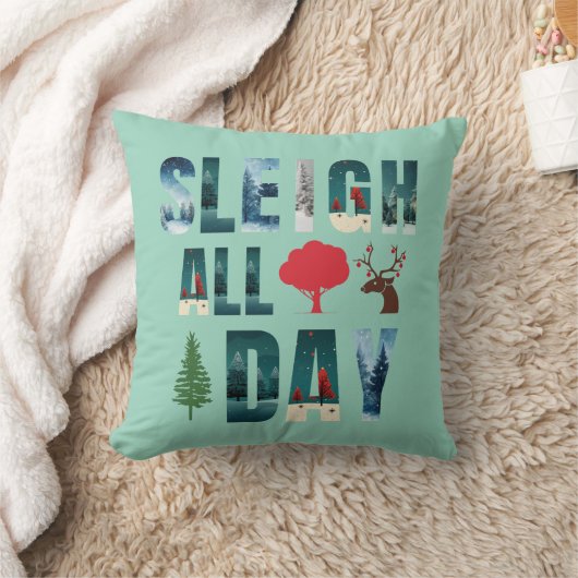 マスクはっきりした文字冬のシーン'Sleigh All Day' クッション (ブランケット)