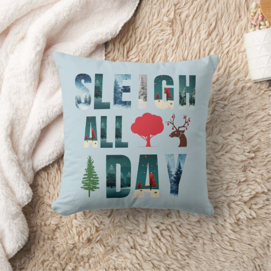 マスクはっきりした文字冬のシーン'Sleigh All Day' クッション (ブランケット)