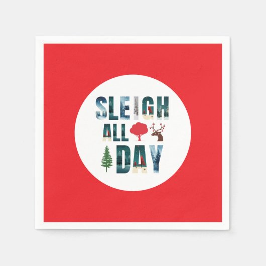 マスクはっきりした文字冬のシーン'Sleigh All Day' スタンダードカクテルナプキン (正面)