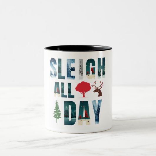 マスクはっきりした文字冬のシーン'Sleigh All Day' ツートーンマグカップ (中央)