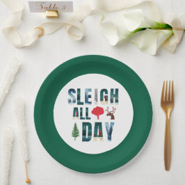 マスクはっきりした文字冬のシーン'Sleigh All Day' ペーパープレート