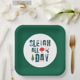 マスクはっきりした文字冬のシーン'Sleigh All Day' ペーパープレート