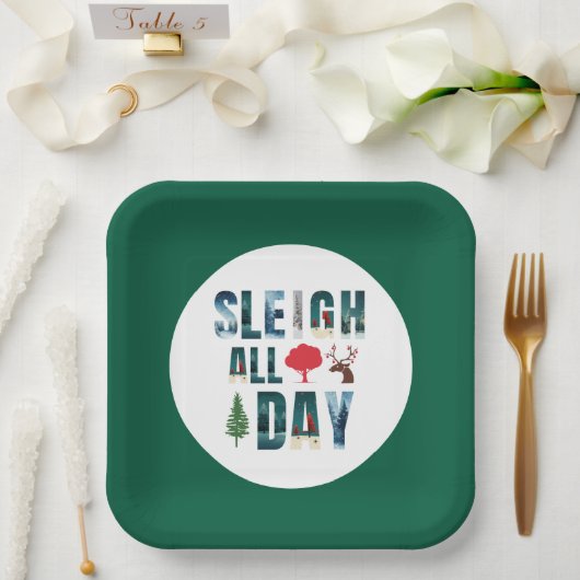 マスクはっきりした文字冬のシーン'Sleigh All Day' ペーパープレート (ウェディング)