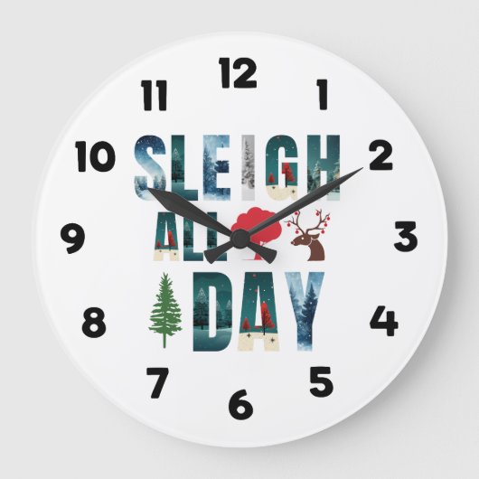 マスクはっきりした文字冬のシーン'Sleigh All Day' ラージ壁時計 (正面)