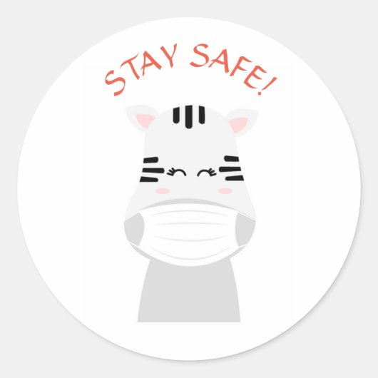 マスクをしたかわいいシマウマ STAY SAFE CUTE ZEBRA WEARING MASK 丸 ラウンドシール (正面)