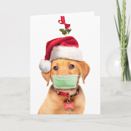 マスクをしたラブラドール・パピーとクリスマス シーズンカード (正面)
