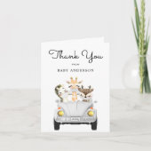 マスクをした動物たちがベビーシャワーにお祝いドライブバイしてくれたお礼 サンキューカード (正面)