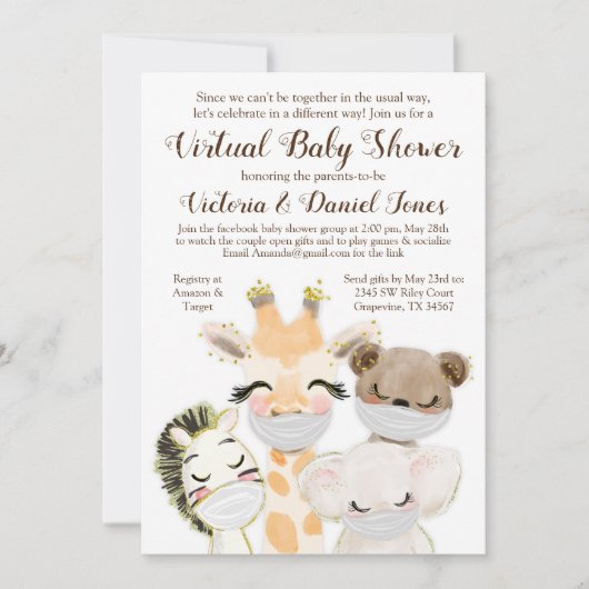 マスクを付けた動物が妊娠した赤ちゃんシャワーを浴びる 招待状 (正面)