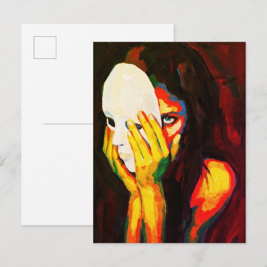 マスクを持つ不思議な女性 ドラマティックな油絵アート ポストカード (正面/裏面)
