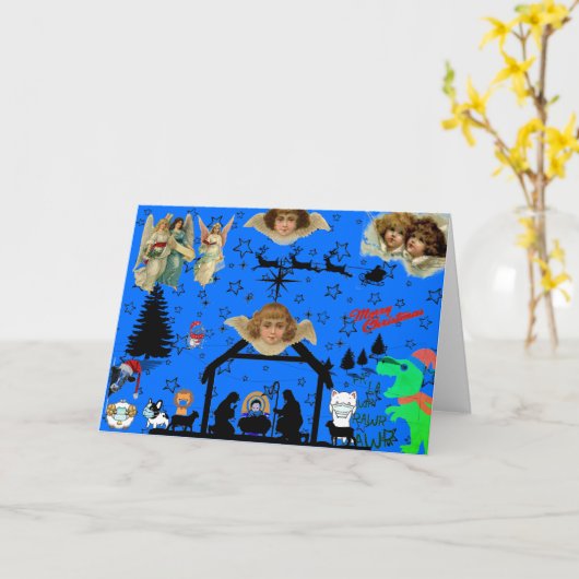 マスクを着けた動物付き出生クリスマスカード カード (黄色い花)