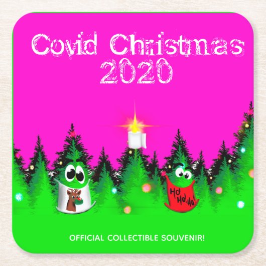 マスクを着ておもしろいいるCovidクリスマスツリー スクエアペーパーコースター (正面)