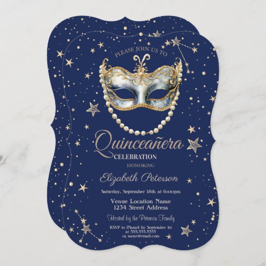 マスクエレガントスターズネイビーブルーキンセアニェラ 招待状 (正面/裏面)
