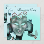 マスクエレガントティール（緑がかった色）ブルーマスカレードパーティー 招待状 (正面/裏面)