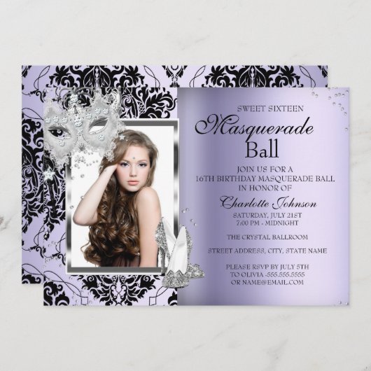 マスクエレガントヒール仮装スウィート16ラベンダー3 招待状 (正面/裏面)
