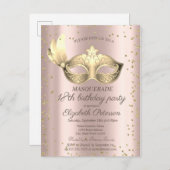 マスクダイヤモンドバラ金ゴールドマスカレード18誕生日 インビテーションポストカード (正面/裏面)