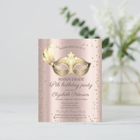 マスクダイヤモンドバラ金ゴールドマスカレード18誕生日 インビテーションポストカード (スタンド正面)