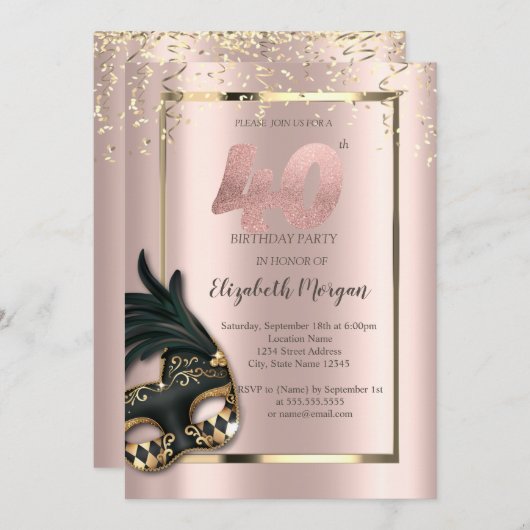 マスクバラ金ゴールド40th誕生日招待状 招待状 (正面/裏面)