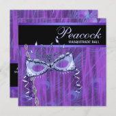 マスクパープルピーコックフェザーマスカレードパーティー 招待状 (正面/裏面)