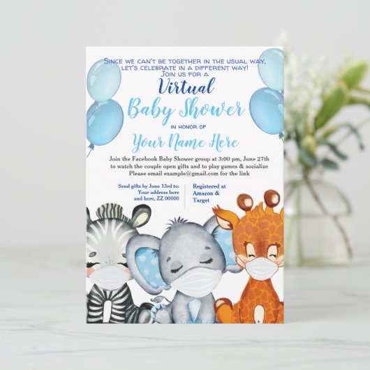 マスク付きサファリ動物バーチャルシャワー男の赤ちゃんI 招待状 (スタンド正面)
