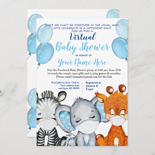マスク付きサファリ動物バーチャルシャワー男の赤ちゃんI 招待状 (正面/裏面)