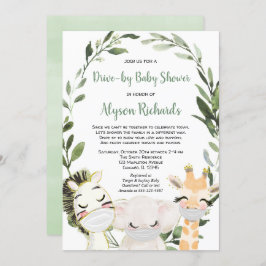 マスク付きドライブバイ赤ちゃんシャワーサファリ動物 招待状